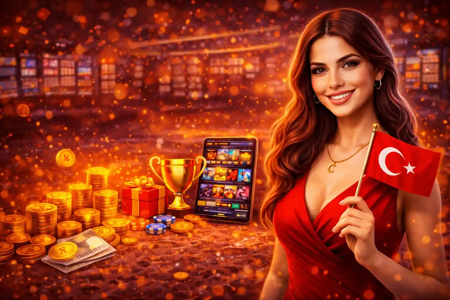 Türk oyuncular için özel olarak tasarlanmış online casino platformu ve Türk bayrağı taşıyan kadın